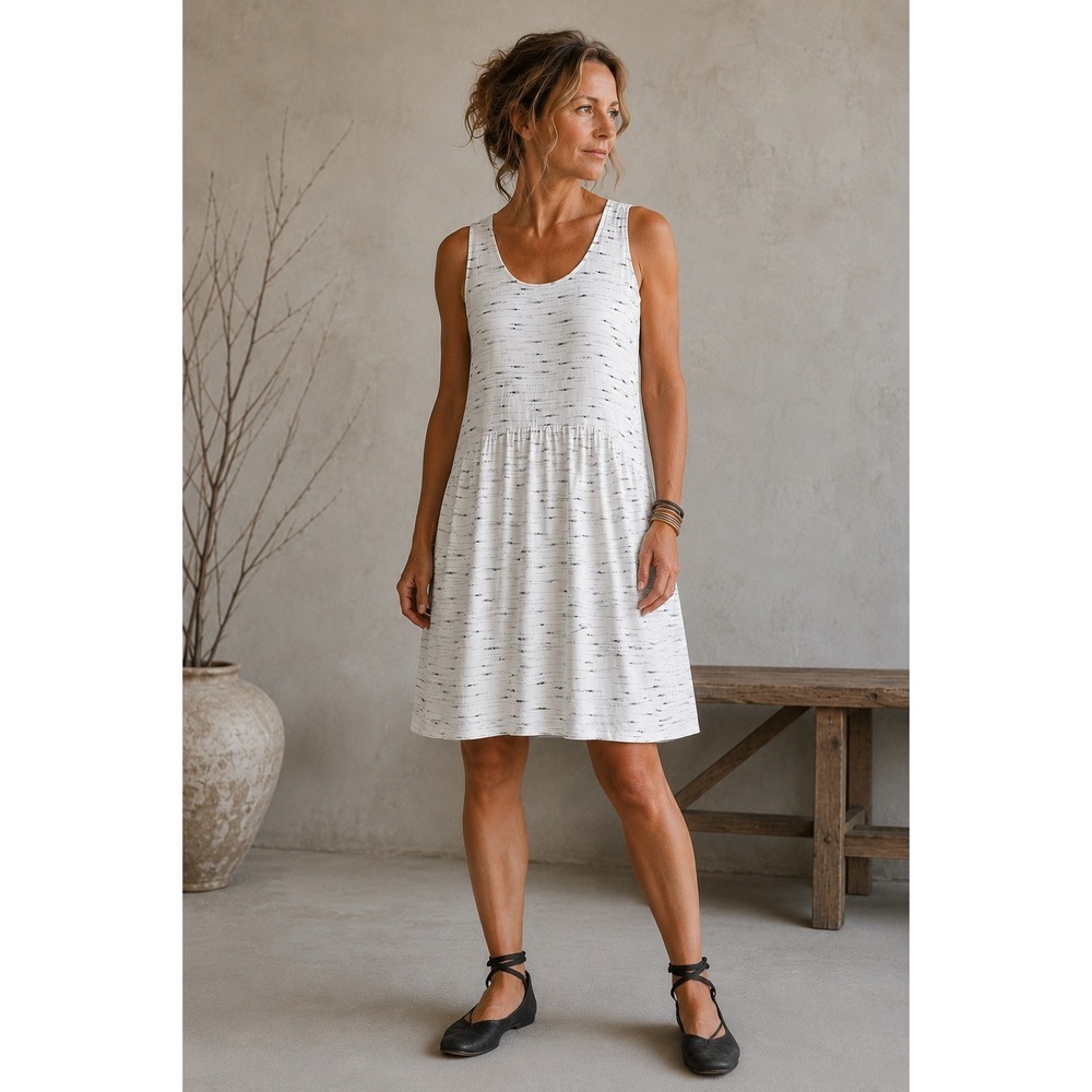 Sessun Nanpo Dress Womens Large Cream Blue Dash Print Drop Waist Sleeveless New
